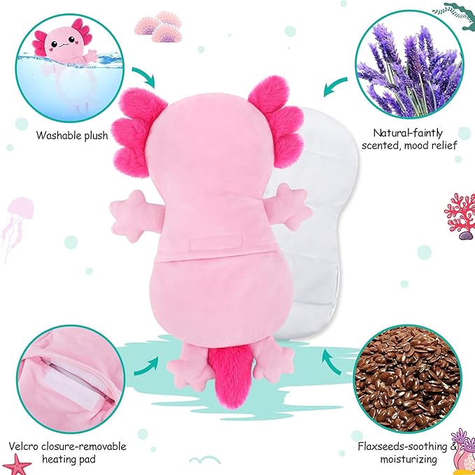 Axolotl Microwave Heating Pad for Period Cramps, Animals Microwavable Heating Pad for Shoulder Neck Knee Pain Relief, Cute Pink Axolotl Plush Heat Pack for Women Mother's Day and Kids Birthday