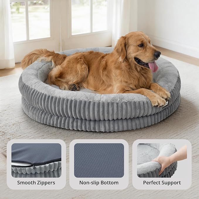BALANCE Donut Dog Bed, 43 Inches Round Dog Bed Extra Large Size Dogs Washable, Orthopedic Calming Dogs Beds for Kitten, Fluffy Plush Faux Fur Pet Bed with Anti-Slip Bottom