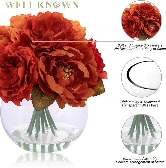 WELL KNOWN Artificial Flowers in Vase, Silk Peonies Flowers for Vase with Faux Water, Burnt Orange Fake Flower Arrangements for Thanksgiving Fall Winter Dinning Table Centerpieces Party Decor