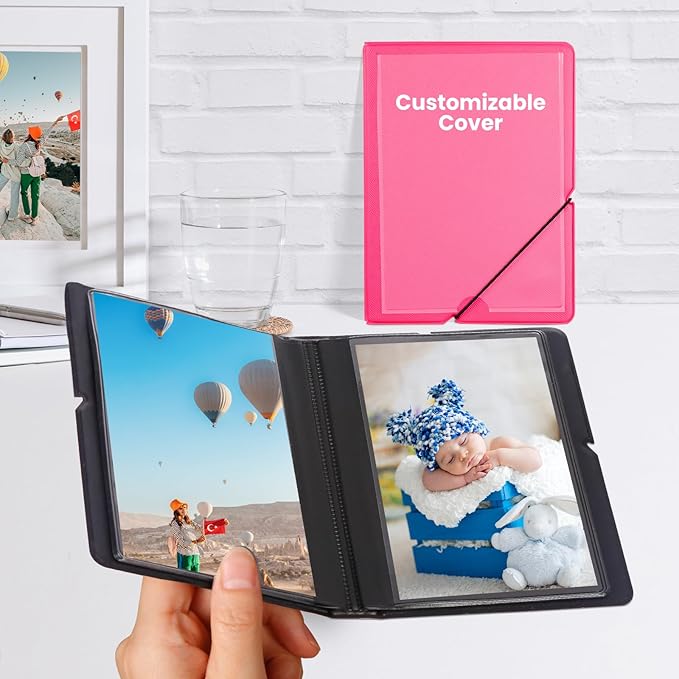 Lifting Small Photo Album 4x6 28 Pockets Plastic 4 x 6 Photo Book Album with Customizable Cover Mini Picture Album for Family Wedding Anniversary Baby Vacation (Rose Red)