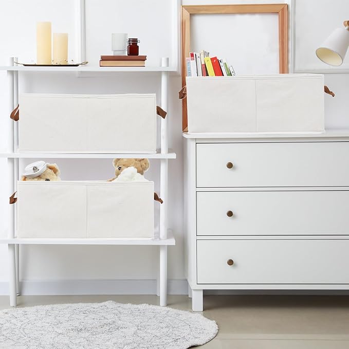 Pack of 3 Large Capacity Storage Bins Closet Organizer System, Sturdy Foldable Boxes for Organizing Clothing, Sheets, Toys, Books - Shelf Shelves Basket Bin Linen White