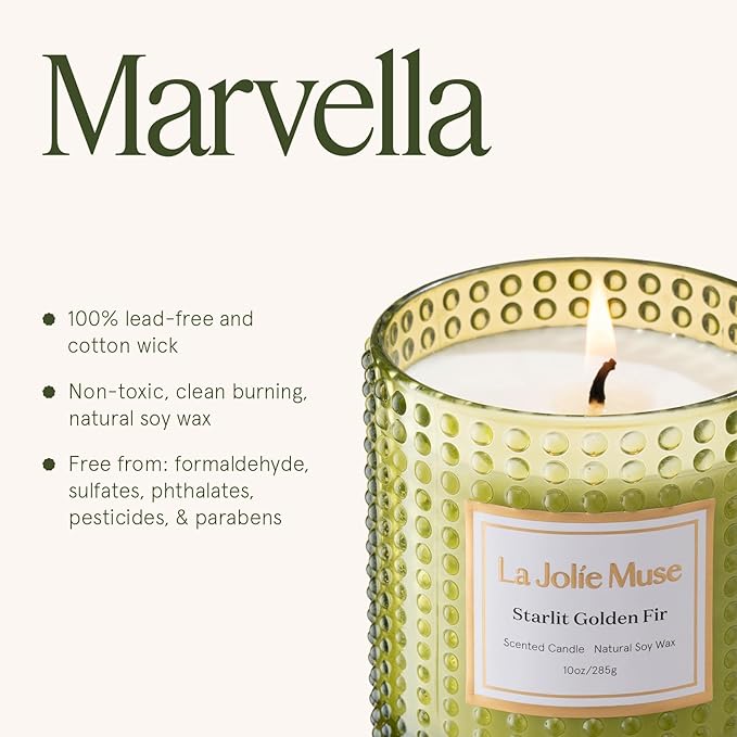 LA JOLIE MUSE Christmas Candle, Starlit Golden Fir Candle - Cedarwood, Patchouli, Fir Balsam | 10 oz Natural Soy Wax | 55 Hours Clean Burn |Winter Holiday Gift | Gift-Ready for Hosts & Gatherings