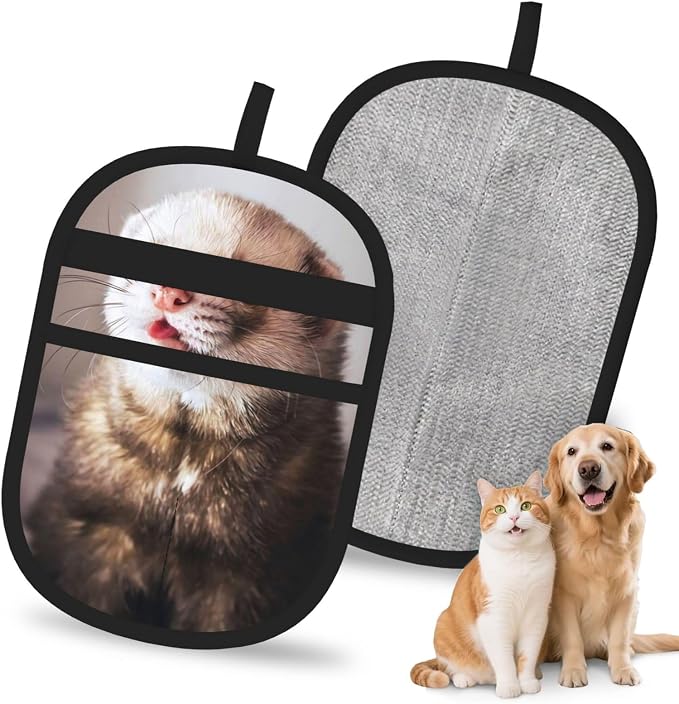 Cute Ferret Pet Hair Removal Gloves, Reusable Dog Cat Grooming Mitt | Electrostatic Brush Attracts Pet Hair From Furniture, Carpets, Pet Beds & Clothes. Hanging Loop For Easy Storage