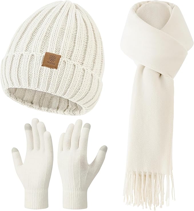 Women Winter Hat Beanie+Long Scarf+Touch Screen Gloves Set, Warm Clothes Set with Knit Fleece Lined for Women/Men Winter