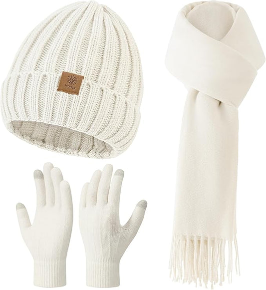 Women Winter Hat Beanie+Long Scarf+Touch Screen Gloves Set, Warm Clothes Set with Knit Fleece Lined for Women/Men Winter