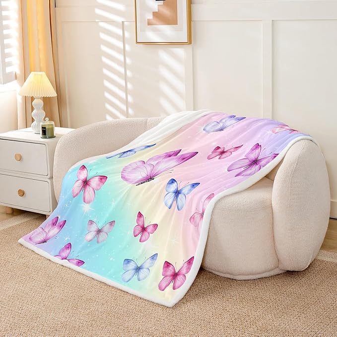 Feelyou Girls Butterfly Fleece Throw Blanket 40"x50" Kids Rainbow Sherpa Blanket Plush Fuzzy for Bed Couch Chair Living Room, Beautiful Butterflies Bed Blanket Room Decor