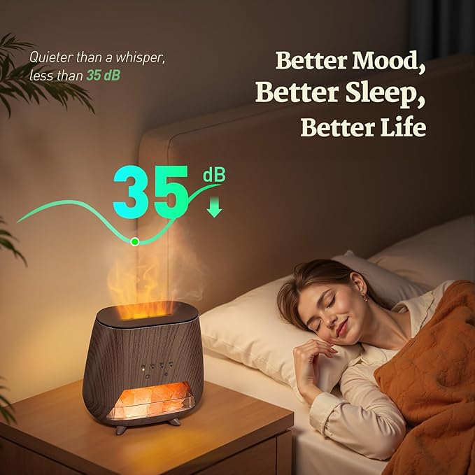 Essential Oil Diffuser for Home: 200ml Wood Grain Aromatherapy Diffuser with Himalayan Pink Salt Rock, Scent Diffusers with Auto Off Function and 9 Colors LED Night Light for Bedroom, Black