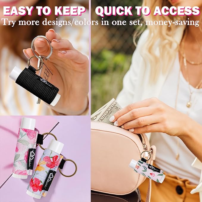 WK IEASON Lip Balm Holder Keychain, Small Christmas Gifts Stocking Stuffers for Teen Girls Women, 5PCS Clip on Lip Gloss Holder Compatible With Chapstick, Burt's Bees Sleeves Elastic Lipstick Holder