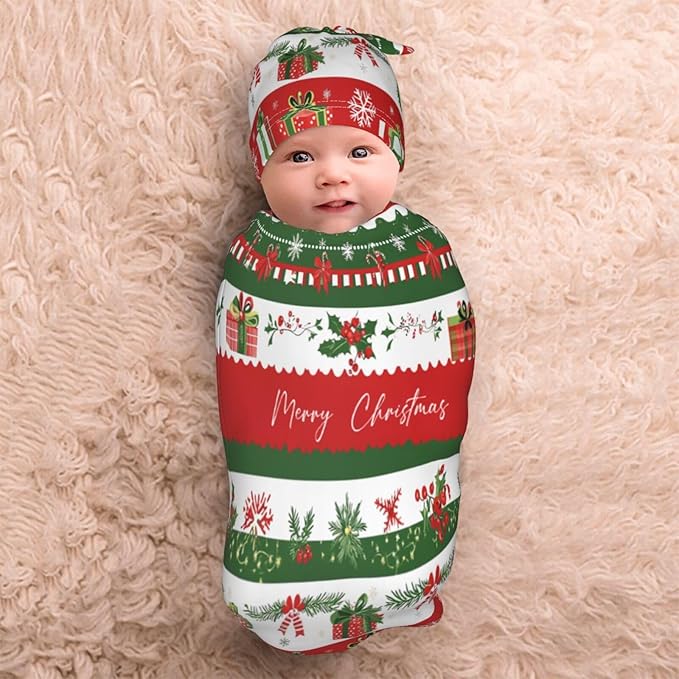 Christmas Baby Swaddle Blanket and Hat Set for Newborn Boys Girls Soft Infant Wrap Sleep 0-6 Months Happy Xmas