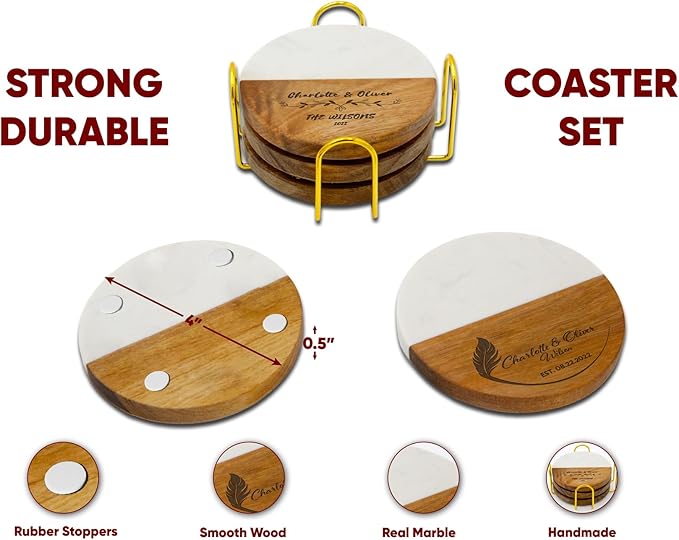 Personalized Coasters for Couples, Wedding, Housewarming Gifts for Home Decorataions, Custom Coaster for Newlyweds, Anniversary, Christmas, Engagements, Valentines Day, Two-Tone Marble and Wood