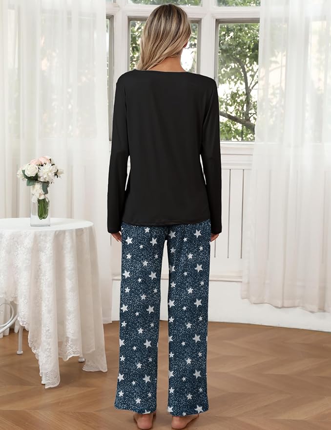 Ekouaer Womens 2 Pack Pajama Set Long Sleeve Pajamas Top and Pants V Neck Pjs Set Soft Loungewear with Pockets