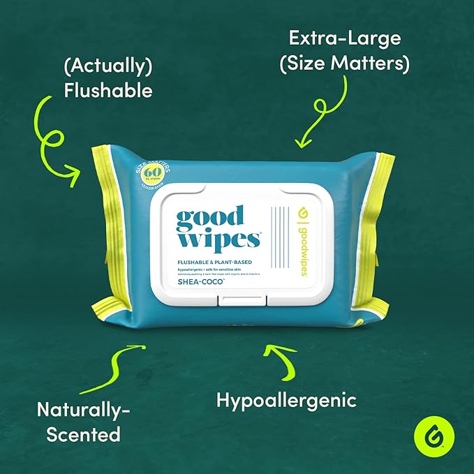 goodwipes Flushable Butt Wipes Made with Vitamin E & Aloe - Soft & Gentle Wet Wipe Dispenser for Home Use, Septic & Sewer Safe - Largest Adult Toilet Towelettes - Shea-Coco, 60 Count (Pack of 8)