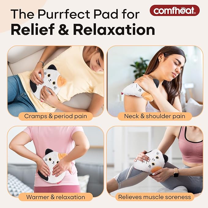 Cat Microwave Heating Pad for Period Cramps, Moist Heat Pack for Menstrual, Muscle Pain Relief Stuffed Animal Heating Pad Plush with Flaxseed Filling, Washable Cover, for Girl Women Kids