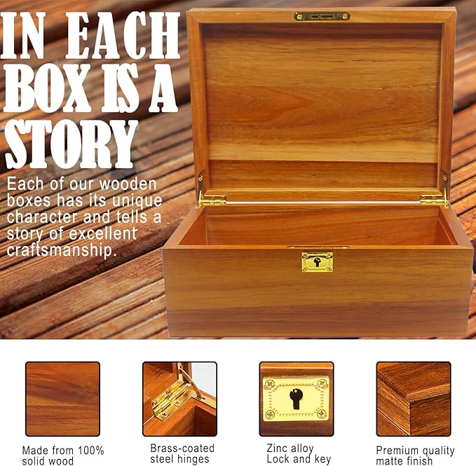 Wooden Box Decorative Large Acacia Wooden Storage Box with Hinged Lid and Locking Key Premium Keepsake Stash Box Lockable Chest for Keepsakes, Valuables, Accessories, Treasured Items(Lock No Grid)
