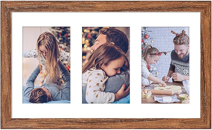 8x14 Collage frame with 3 Openings 4X6 Pictures, Multiple Picture Frame with Mat, Wall or Tabletop Decor, Carbonized Brown Wood Grain (1 Pack)