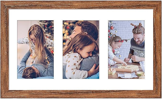 8x14 Collage frame with 3 Openings 4X6 Pictures, Multiple Picture Frame with Mat, Wall or Tabletop Decor, Carbonized Brown Wood Grain (1 Pack)