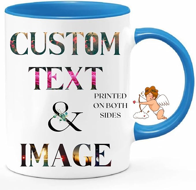 Custom Coffee Mug with Photo, Text, or Logo | Personalized Ceramic Mug 11oz | Customizable Gift for Men, Women | Unique Gift for Birthdays, Holidays, Christmas | White - Blue