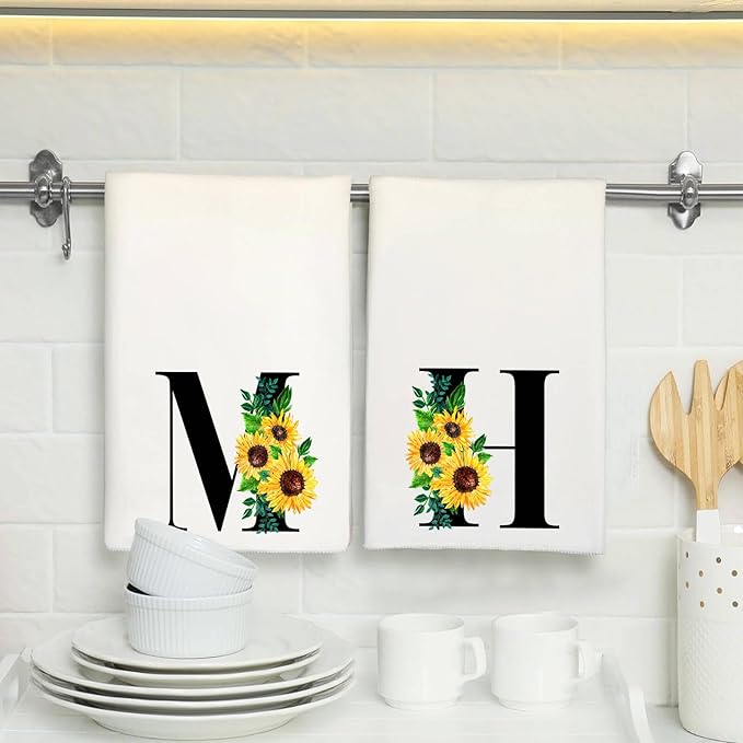 Monogrammed Sunflower Hand Towels,Ini-tial C Tea Towel Letter Kitchen Towels,Sunflower Gifts for Women,Monogram Dish Towel 17x23 Inch,Kitchen Bathroom Decorative Ini-tial Gifts for Mom Wife