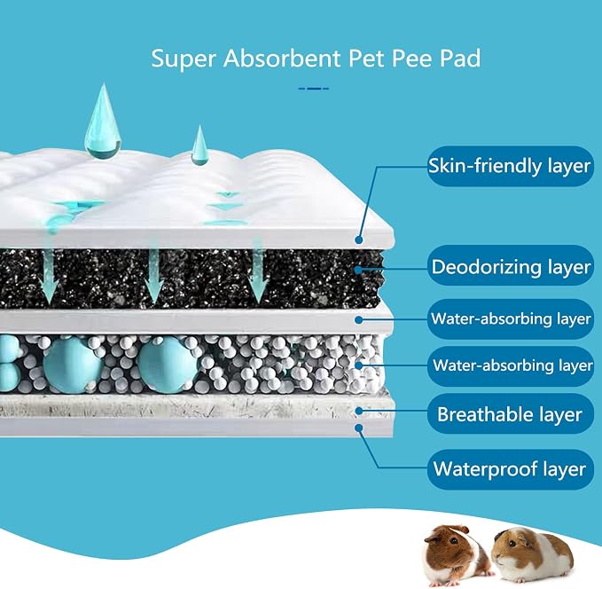 Guinea Pig Pee Pads, Disposable Rabbit Cage Liners, Charcoal Odor Controlling Absorbent Waterproof Pee Pads for Hamster, Bunny, Ferret, Chinchilla and Other Small Animals (18" x 13", 120 PCS)