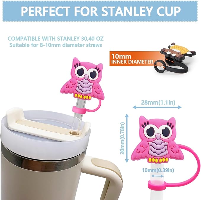 Animal Straw Toppers For Stanley Cups;Straw Covers Cap Toppers Compatible With Stanley 30&40 Oz Tumbler, Reusable & Silicone Tumbler Straws Topper For 0.4 Inch Tips Animal Lover Gifts (Owl)