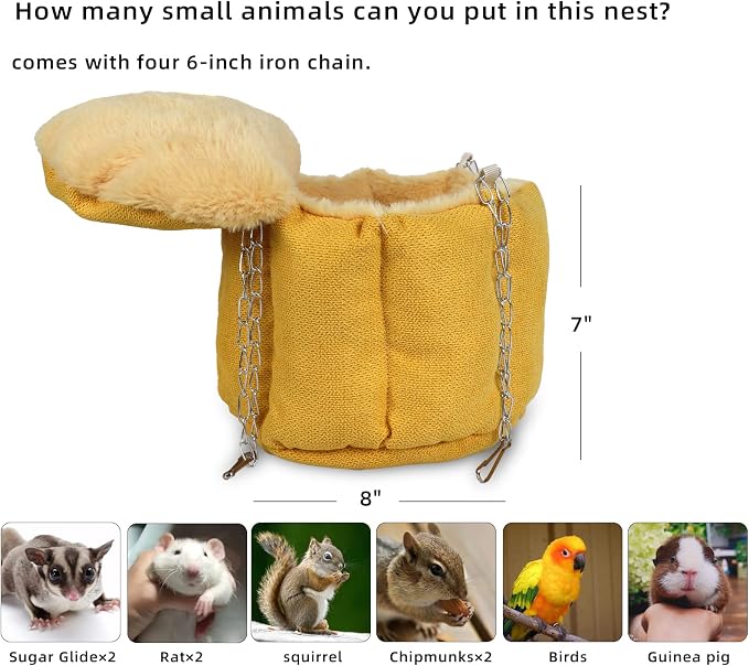 Rat Bed, Sugar Glider Hammock, Rat Bed for Cage, Guinea Pig Hanging Basket Warm Bed, Sugar Glider Pouch Hanging Bed, Small Animals Removable Nest Mat for Hamster, Syrian Hamster (Yellow)