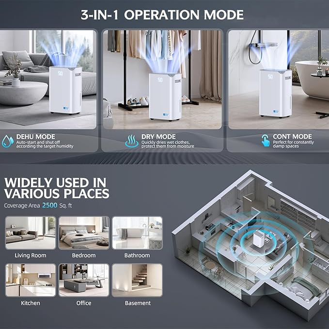 2500 Sq.Ft Smart Compressor Dehumidifiers for Home, Basement Bedroom,Bathroom, 34 Pints Energy Star, Auto or Manual Drainage, with Drain Hose,Continuous Drainage, Auto Defrost, 24H Timer