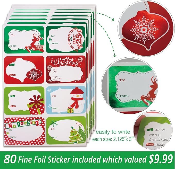 14 Decorative Christmas Gift Boxes with Lids and 80-Count Foil Christmas Gift Tag Stickers (Assorted size, 6 Rectangle, 4 Square, 4 Small Square)
