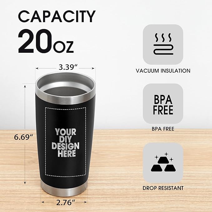 Personalized Custom Tumbler Print in USA 100 Pcs 20oz Stainless Steel Coffee Cup with Lid & Straw Double Wall Insulated Tumbler with Colorful Text Logo Photo