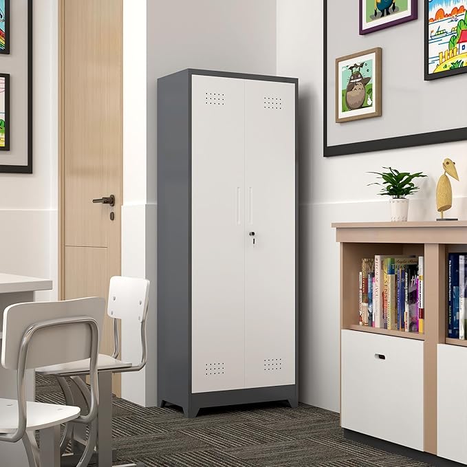 GREATMEET 65" H Broom Closet, Broom Closet Cabinet with Pegboard and Hanging Rod, Cleaning Tool Storage Cabinet, Tall Metal Utility Closets with Locking Doors for Bathroom, Garage