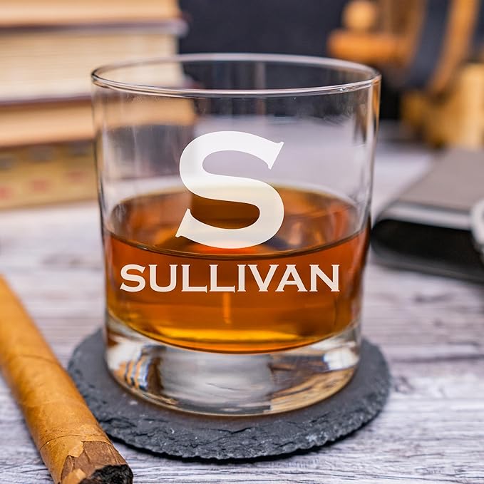 Blue Ridge Mountain Gifts - Custom Engraved Whiskey Glass - 11 oz Personalized Tumbler with Modern Monogram & Last Name - Classic Barware for Weddings, Groomsmen, Anniversaries & Father’s Day (3)