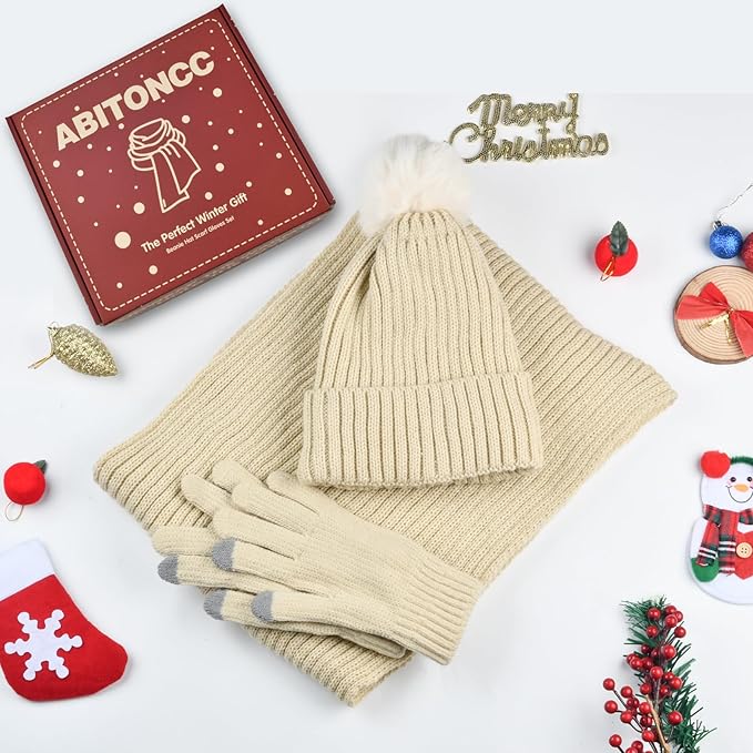 Winter Beanie Hat Scarf Gloves Set for Women, Fleece Knit Pompom Beanie Neck Warmer Long Scarf Touchscreen Gloves 3 in 1 Set