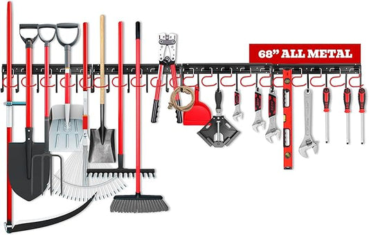 SEDY 68" All Metal Garden Tool Organizer Hooks - Garage Wall Organizer Sturdy Garden Tool Storage System Yard Tool Garage Tool Organizer Wall Mount Shed Organization Shovel Broom Rake Holder