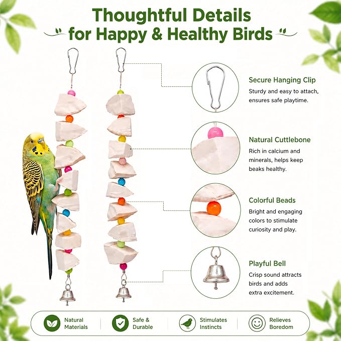 2 Pack Bird Toys with Cuttlebone & Beak Grinding Stone–Cage Accessories for Parakeets, Budgies, Cockatiels, Lovebirds, Green Cheeks & Small to Medium Birds