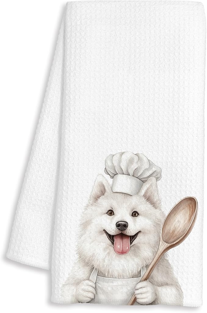 Funny Samoyed Chef Kitchen Towels, Gifts for Samoyed Lovers, Chef Gifts for Women Men, Funny Dog Decorative Dish Hand Tea Towels for Kitchen Bakery, 16x24 Inch