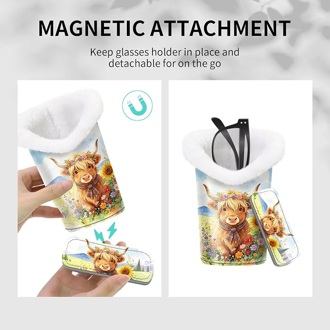 Plush Lined Eyeglasses Holder, Cute Magnetic PU Leather Glasses Stand Case for Women Men Kids