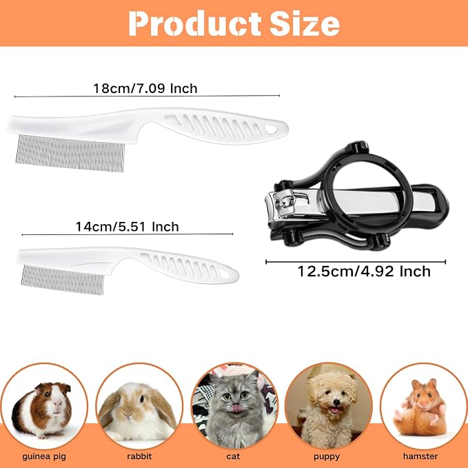 Guinea Pig Grooming Kit - Nail Clippers with Magnifying Glass & 2-Piece Fine-Tooth Comb Set for Small Animals, Rabbit, Hamster, Hedgehog, Ferret, Chinchilla, Sugar Glider (white)