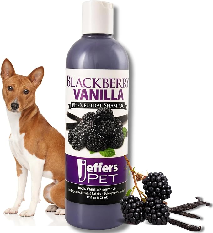 Jeffers Pet BlackBerry Vanilla Shampoo for Dogs & Cats, 17 oz – Coconut Based Soap Free Grooming Shampoo, pH Balanced Pet Wash, BlackBerry Tinted Vanilla Scent, Gentle Cleanser for Puppies & Kittens