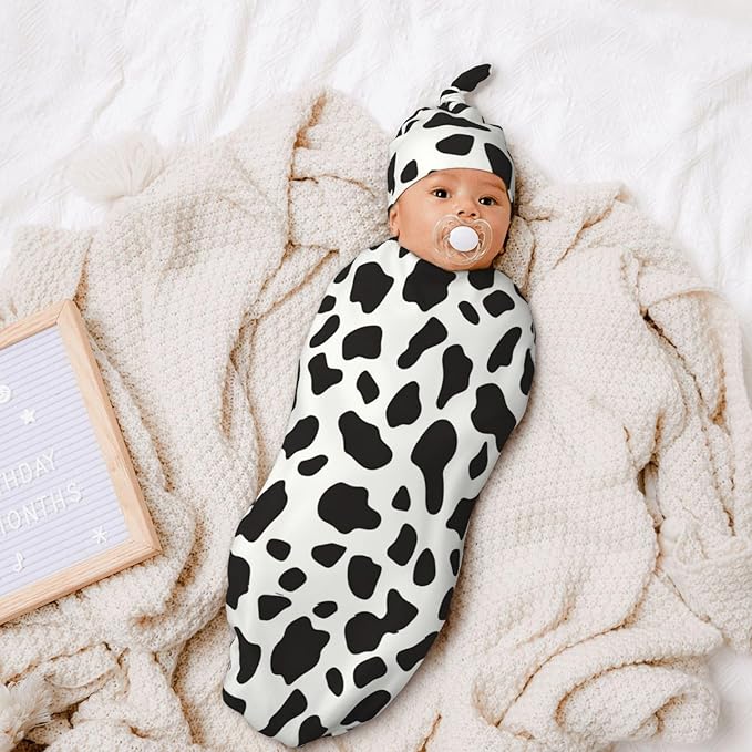 Newborn Swaddle Blankets and Hat Set Soft Cotton Baby Swaddle Wrap Warm Infant Receiving Blanket Cow Print-2