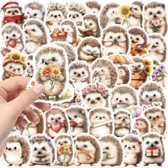 50Pcs Hedgehog Sticker, Cute Animal Stickers for Kids Teens Adults, Vinyl Cartoon Animals Decals Kawaii Hedgehogs Sticker for Decor Water Bottles Laptops Guitar Scrapbook (Hedgehog)