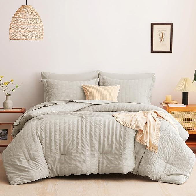 CozyLux California King Comforter Set with Sheets 7 Pieces, Beige Seersucker Bed in a Bag Cal King Luxury Soft Bedding Sets with Down Alternative Comforter, Sheets, Pillowcases & Shams for All Season