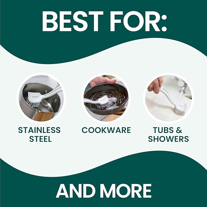 Scotch-Brite Pot + Pan Brush, Durable and Long Lasting Dish Brush with Handle for Scrubbing Stainless Steel, Outdoor Furniture, and Sinks Without Scratching, Antimicrobial, and Rinses Clean