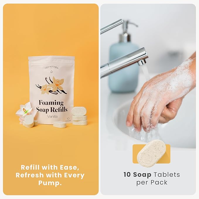 Foaming Hand Soap Refills Tablets – 10 Count | Moisturizing Hand Soap Foam Refill for Kitchen and Bathroom | Easy to Use, Soft & Fluffy Foam, Hand Wash Refill for Dispensers (Vanilla)