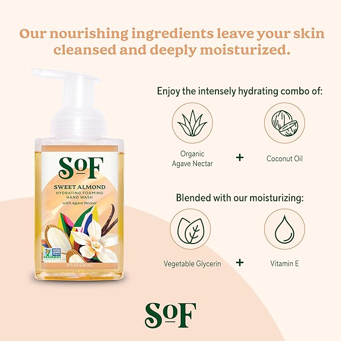 SoF Hydrating Foaming Hand Wash - With Organic Agave Nectar & Coconut Oil- Vegan & Non GMO- Free From Phthalates, Sulfates & Parabens- Sweet Almond - 8 oz Bottle 3 Pack
