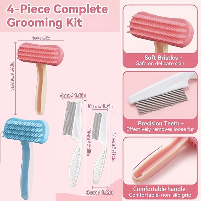 4pcs Bunny Brush Set, Rabbit Brush, Professional Bunny Grooming Tools for Rabbit Care, Pet Hair Maintenance for Shedding Season & Bath Time, in Pink, Blue and White Color