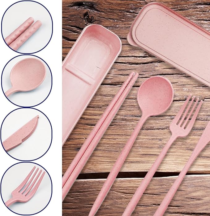 4 Sets Reusable Utensils Set with Case,Camping Cutlery Set Travel Silverware Set with Case Lunch Utensils Set for Work,Utensil Sets for Lunch Picnic Daily Use Outdoor (Pink)
