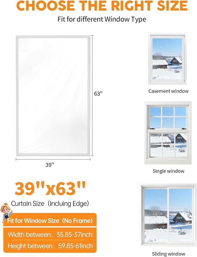 Ready-to-Install Plastic Window Insulation Film 39″×63″ (Fits 36″×60″ Windows), Reusable Clear Draft Protection Window Cover with Built-in Hook & Loop Edge, No Cutting or Messy Tape