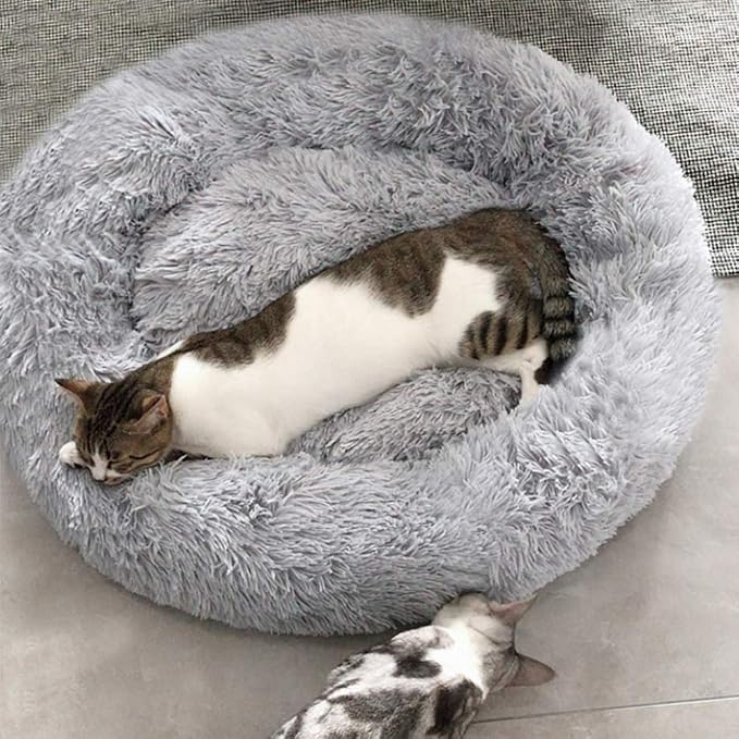 Plush Calming Donut Dog Bed for Small to Medium Dogs, 28 Inch Round Pet Bed | Soft Faux Fur Puppy Bed with Raised Rim for Curling and Head Support; Washable Round Pet Bed for Small to Medium Dogs or Cats
