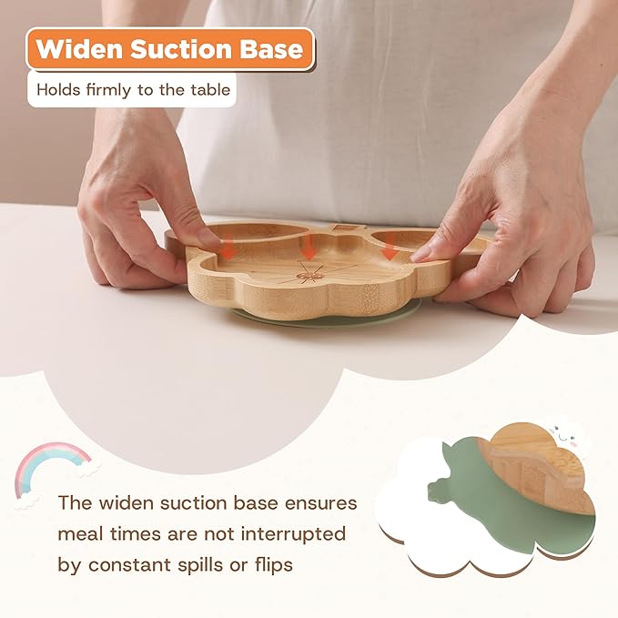 Bamboo Suction Plates Bowls Set for Baby Toddler - Includes Bamboo Bowl, Divided Plate, Silicone Fork & Spoon, All-Natural Baby Feeding Set for Baby-Led Weaning