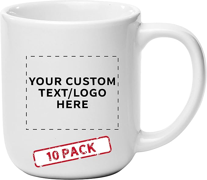 DISCOUNT PROMOS Custom Vibrant Color Glossy Ceramic Mugs 16 oz. Set of 10, Personalized Bulk Pack - Perfect for Tea, Espresso, Cappuccino, Hot Cocoa - White