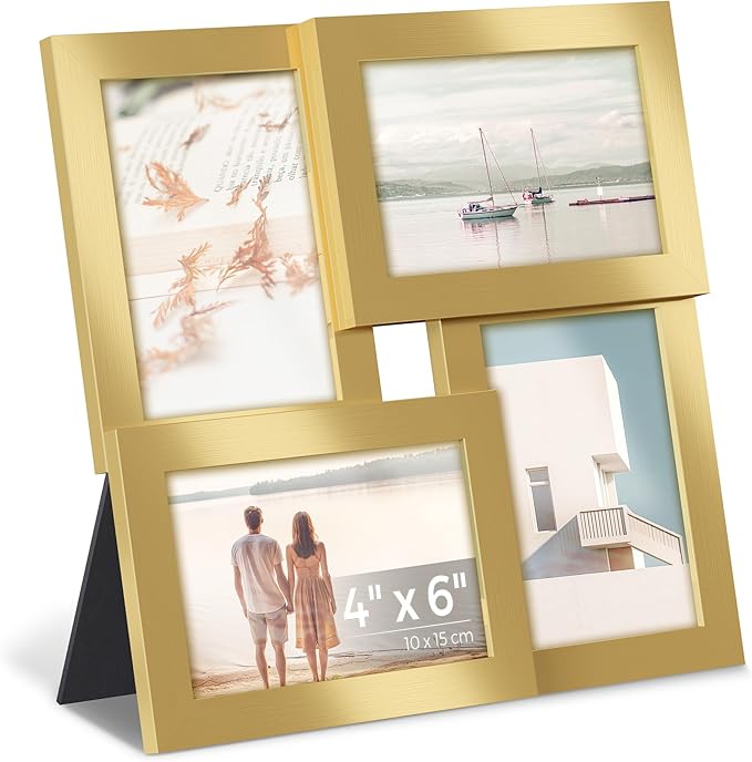 SONGMICS 4x6 Collage Picture Frames, Family Photo Collage Frame Set of 4 for Wall Decor, Glass Front, Wall Hanging or Tabletop,Christmas Gift, Pale Gold URPF025A01